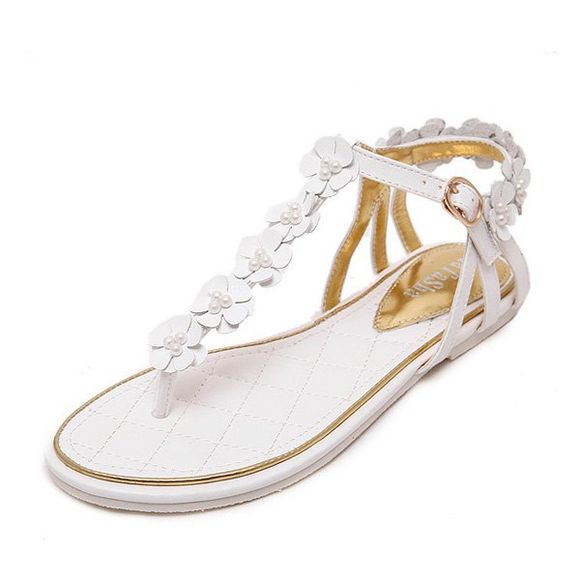 Faux Perles Fleurs Sandals - Blanc 39