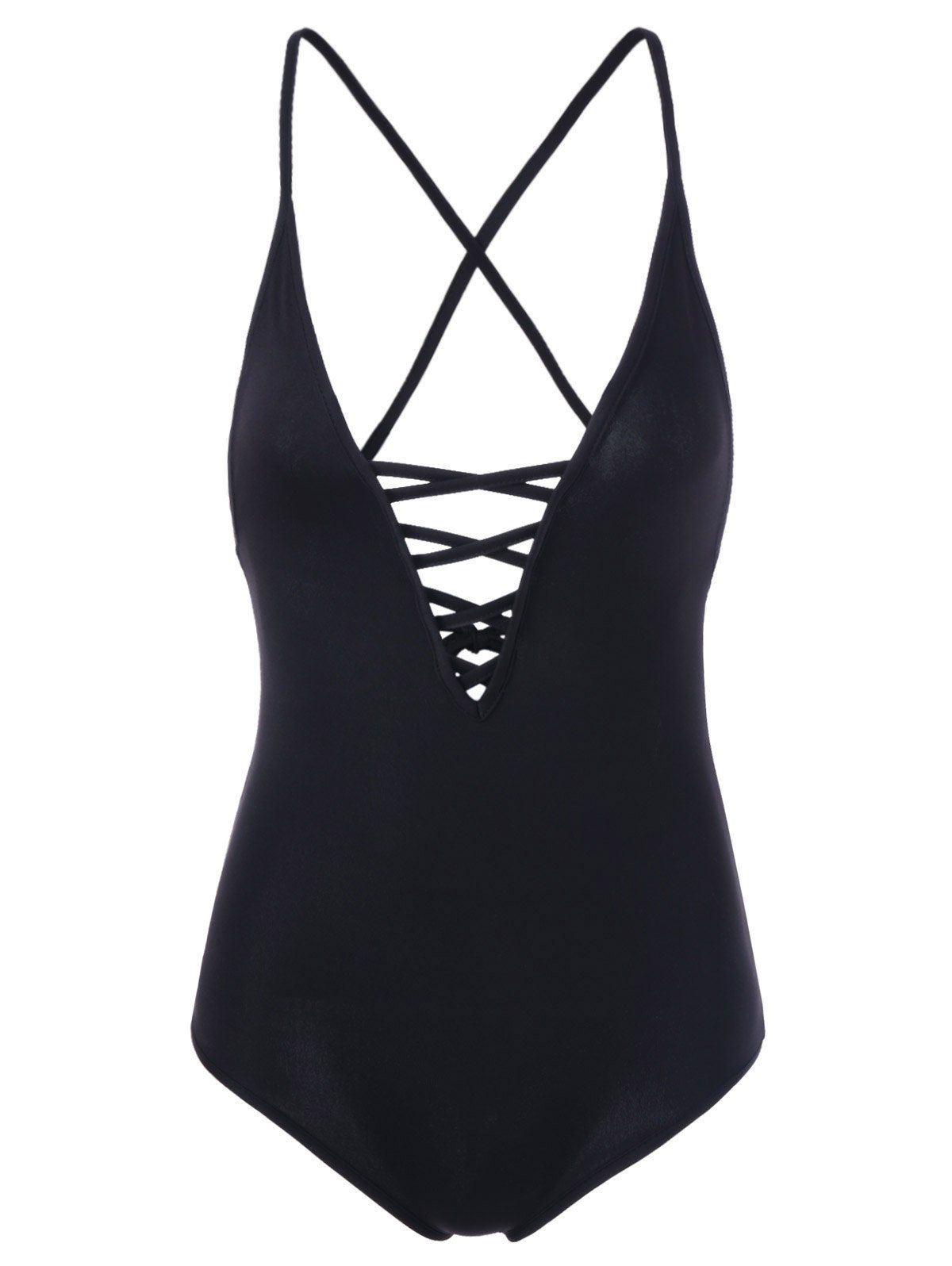 

Criss Cross Lace Up One-Piece Swimsuit, Black