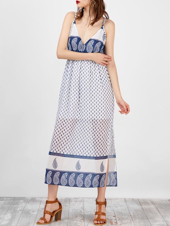 Imprimé taille haute Cut Out Slit Cami Dress - Blanc S