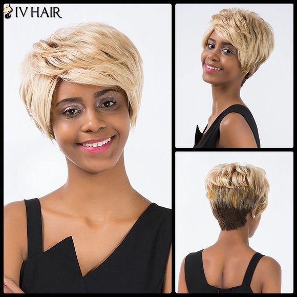 Siv Hair Perruque de Cheveux Humains Courte Lisse avec Frange Oblique - multicolore 