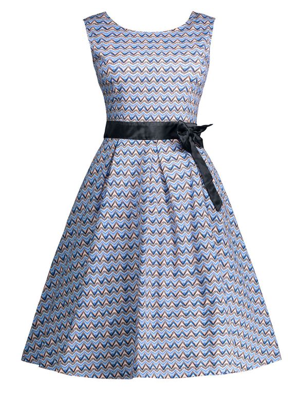 Robe Trapèze Ornée d'un Nœud Style Vintage - Bleu Ciel M
