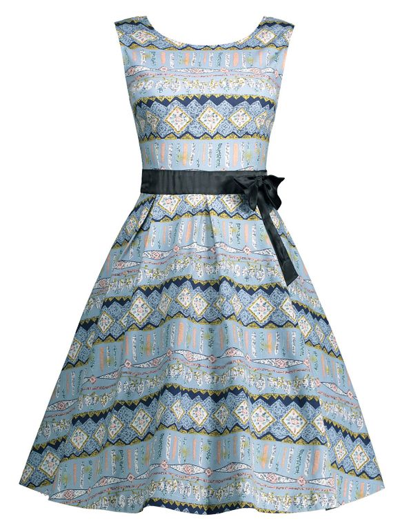 Robe Trapèze Ornée d'un Nœud Style Vintage - Bleu clair 2XL