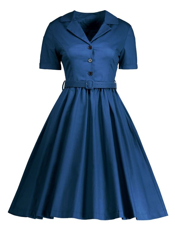 Robe A Line Vintage à Col Chemise - Bleu L