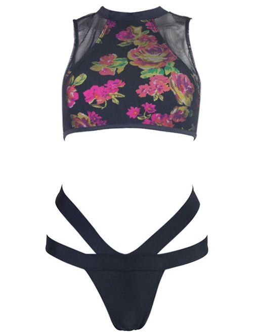 

Mesh Floral High Neck Bikini, Red with black