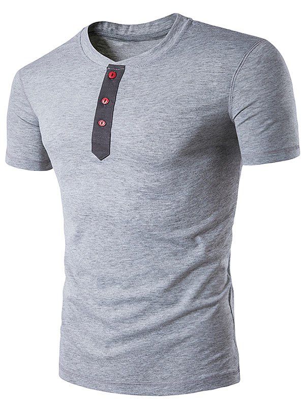 

Grandad Collar Button Short Sleeve T-Shirt, Light gray