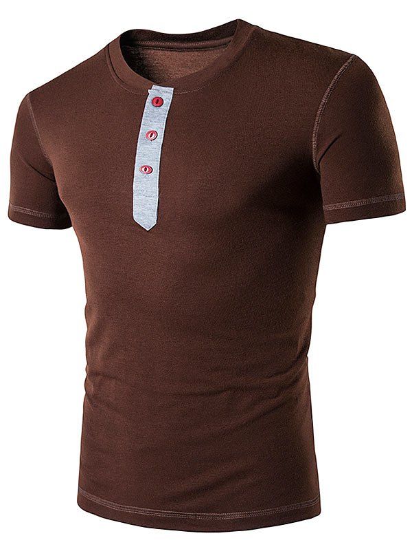 

Grandad Collar Button Short Sleeve T-Shirt, Coffee