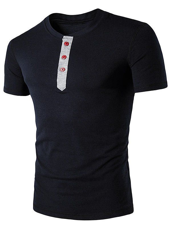 

Grandad Collar Button Short Sleeve T-Shirt, Black