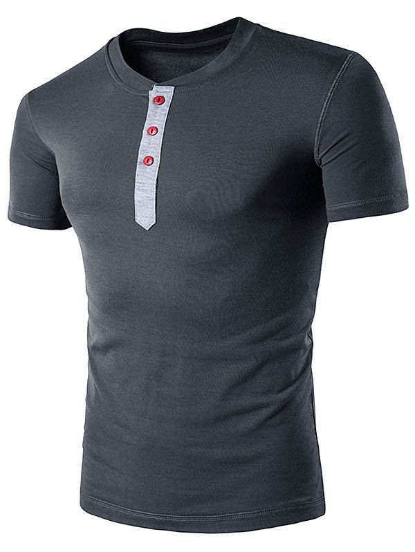 

Grandad Collar Button Short Sleeve T-Shirt, Deep gray