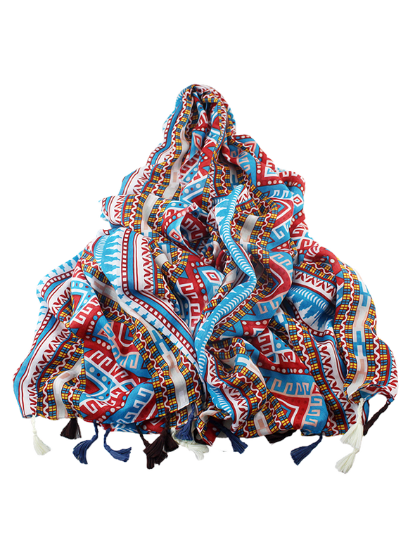 Écharpe bordée de glands avec impressions ethniques géométriques - multicolorcouleur 