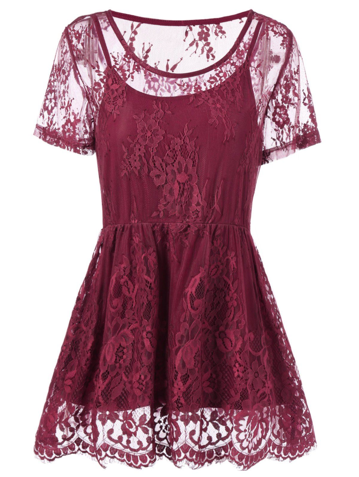 

Plus Size Floral Lace Peplum Blouse, Wine red