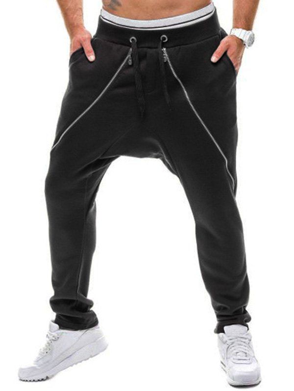 

Drawstring Zipper Embellished Drop Crotch Pants, Black