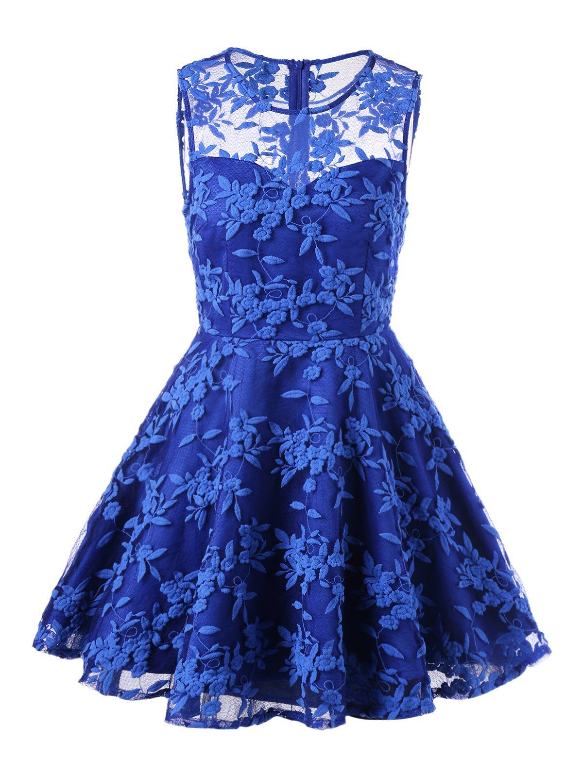 

Lace Embroidered Sleeveless Homecoming Skater Dress, Blue