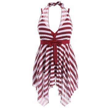 [17% OFF] 2023 Plus Size Stripe One Piece Skirted Swimsuit In BURGUNDY ...