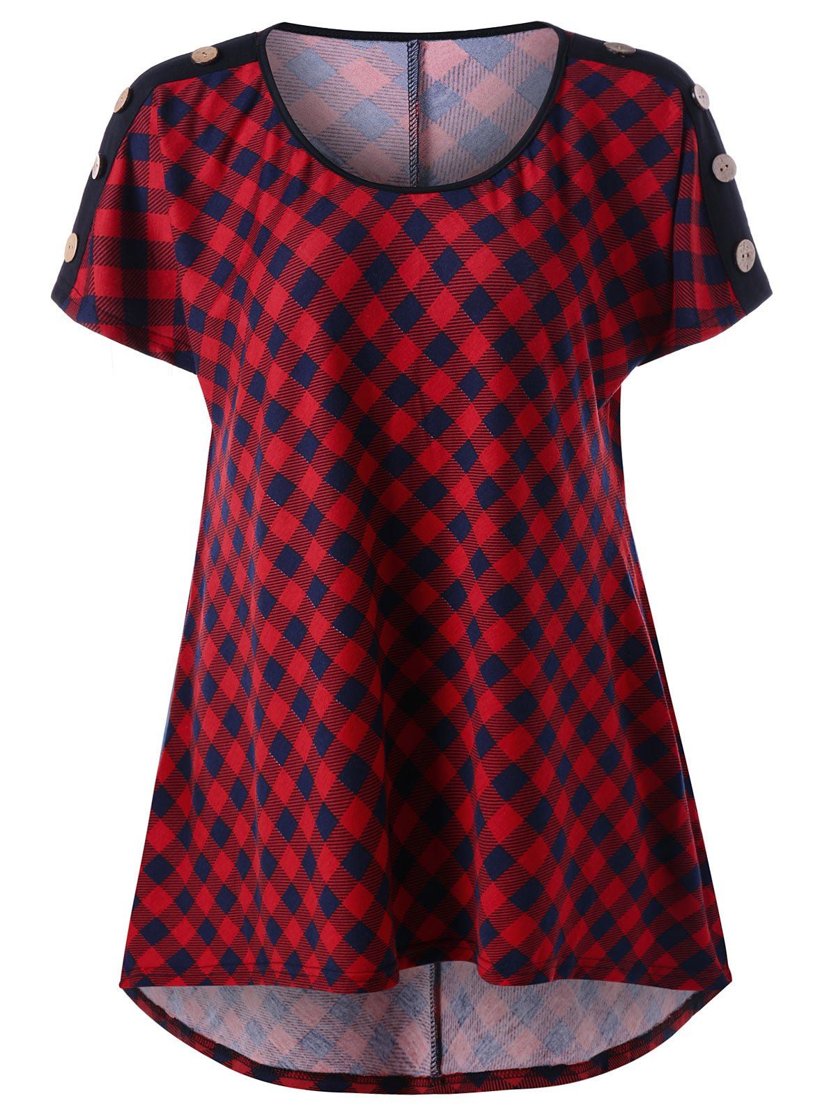  41 OFF 2019 Plus  Size  Plaid  T Shirt  With Button In RED  