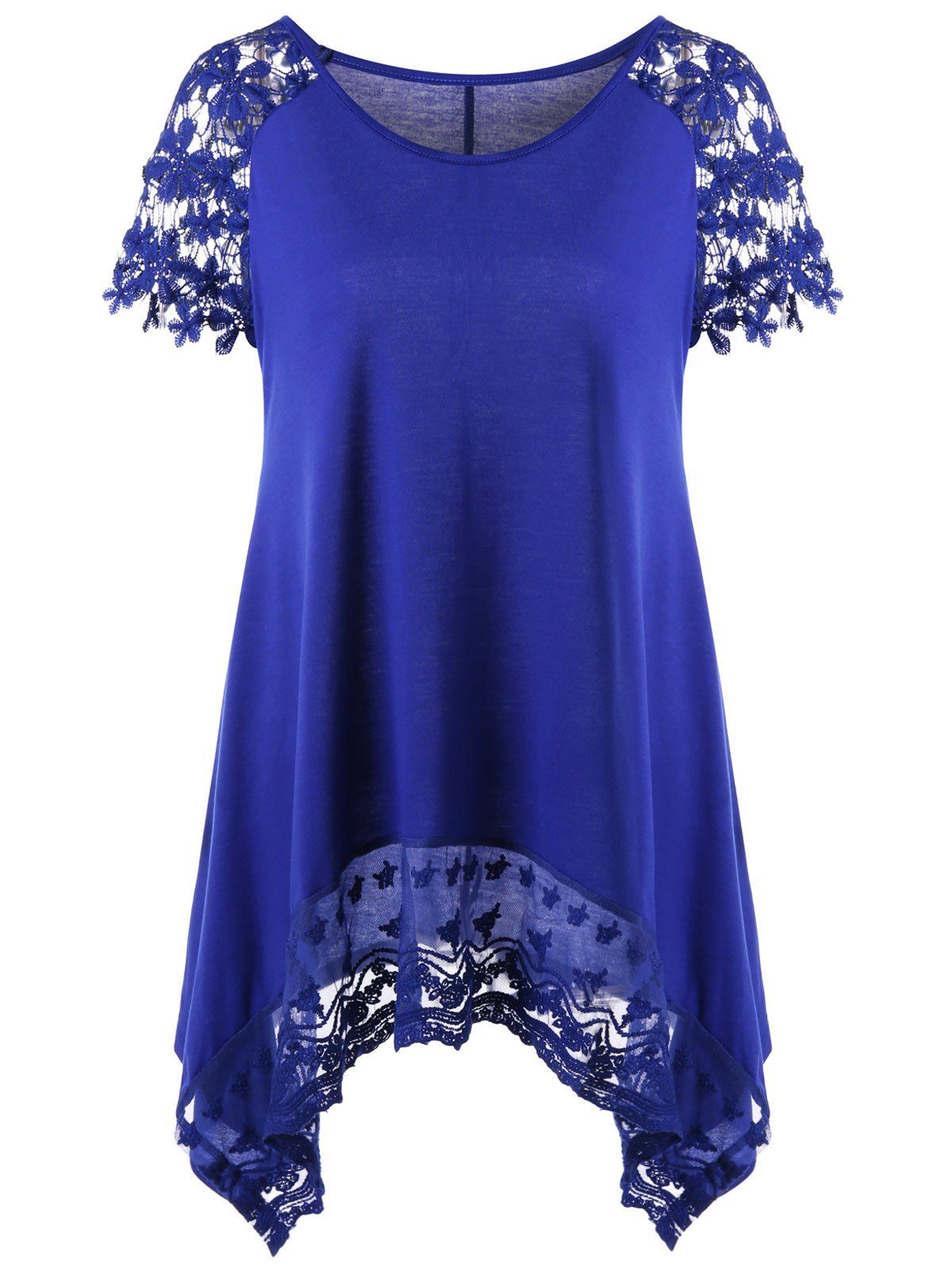 

Raglan Sleeve Lace Trim Asymmetric Long T-Shirt, Blue