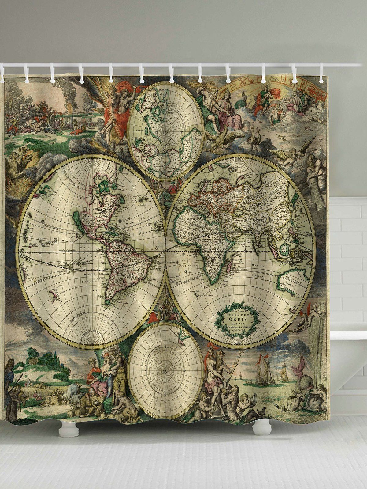 

Retro Map Print Removable Shower Curtain, Colormix