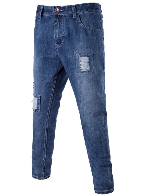 Zip Fly Distressed Patch fuselés Jeans - Bleu S