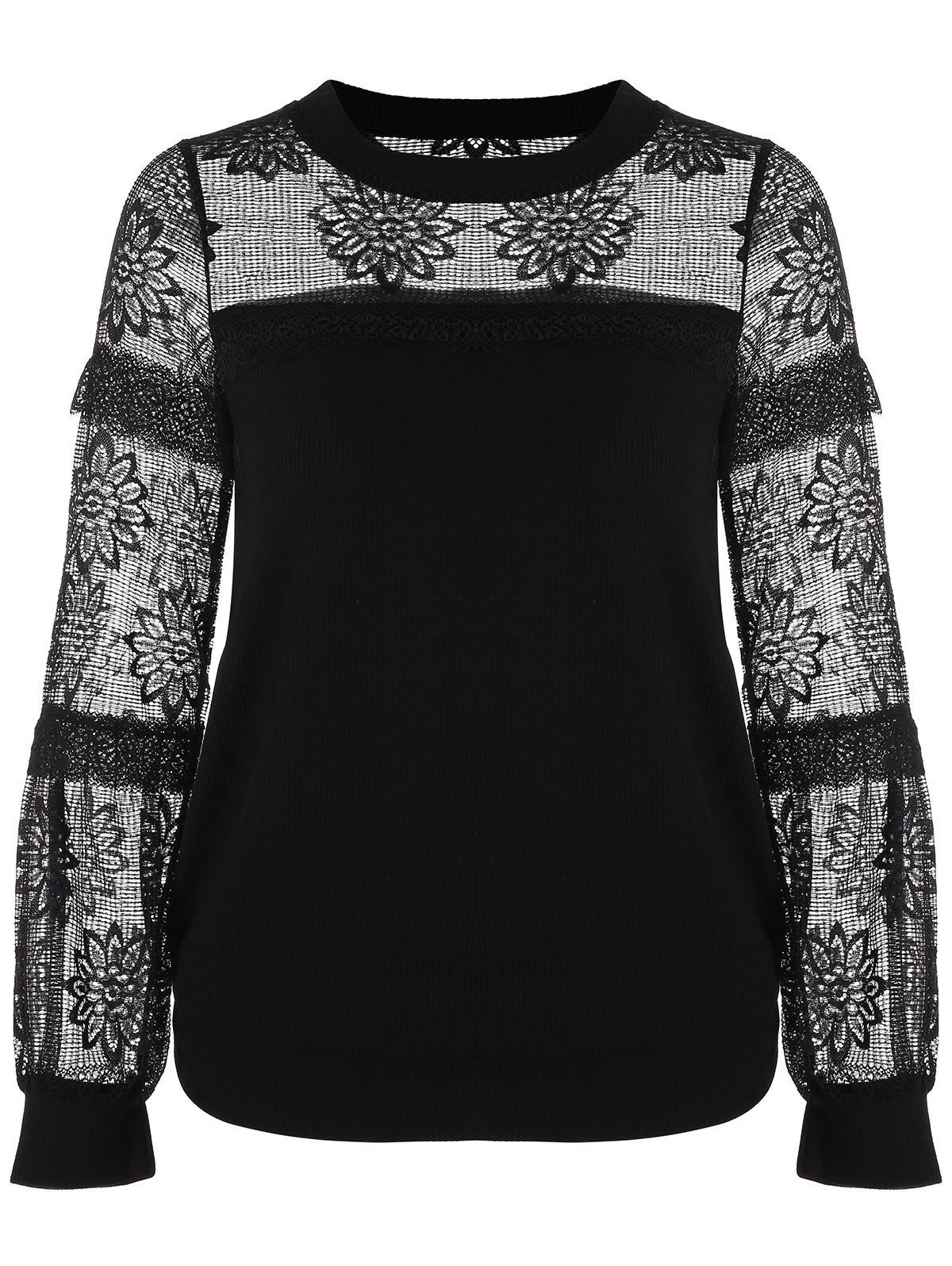 

Ribbed Floral Lace Insert Blouse, Black