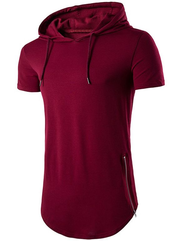 Hooded Zip Hem Side T-shirt Up - Rouge vineux M