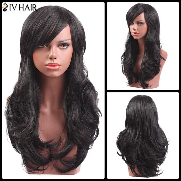 Siv Hair Perruque de Cheveux Humains Longue Légèrement Bouclée avec Frange Oblique - JET NOIR 01 