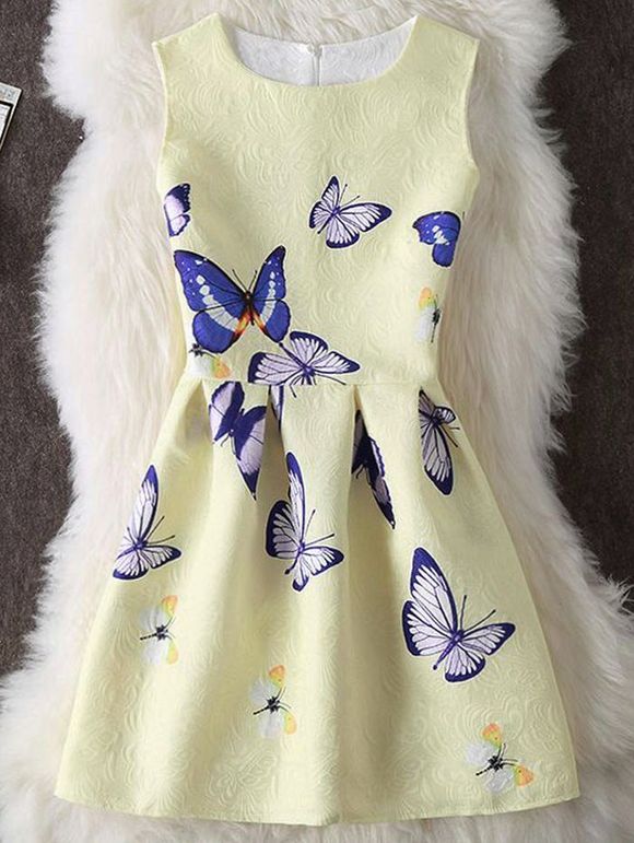 Papillon Imprimer Embossed Mini robe sans manches - Jaune S