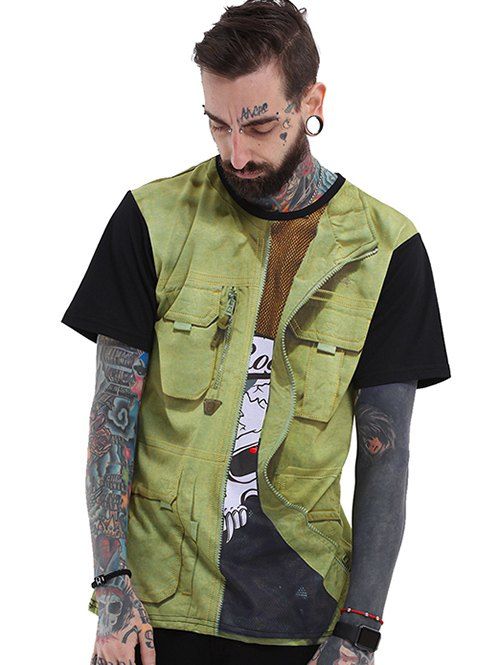 

3D Faux Waistcoat Print Crew Neck T-Shirt, Khaki