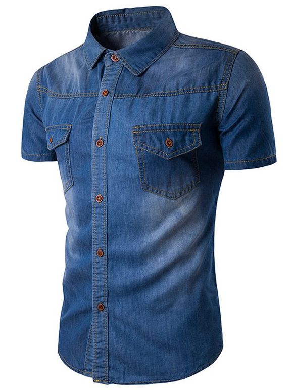 Chemise au Lavage Blanchi avec Poches à Manches Courtes en Denim - Moyen Bleu M