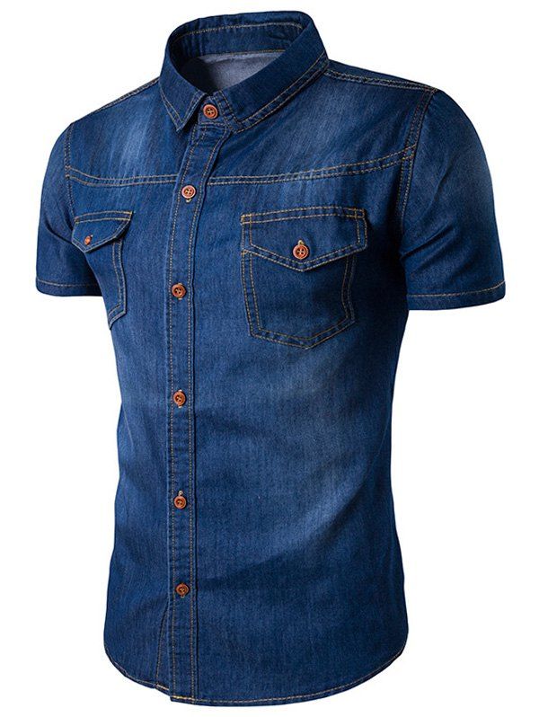 

Bleach Wash Pockets Short Sleeve Denim Shirt, Deep blue