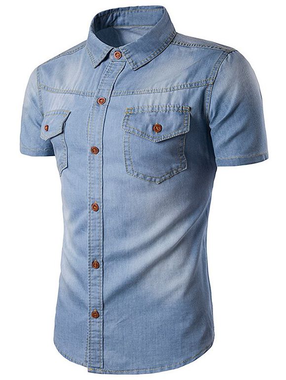 Chemise au Lavage Blanchi avec Poches à Manches Courtes en Denim - Bleu clair L