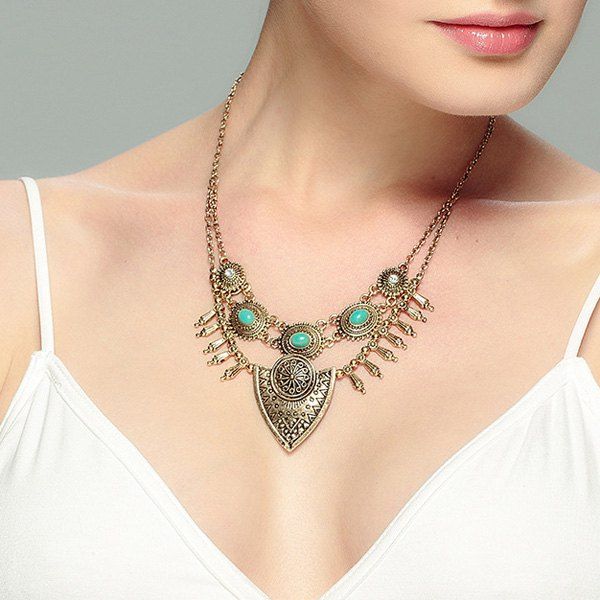 

Fake Turquoise Engraved Flower Necklace, Golden