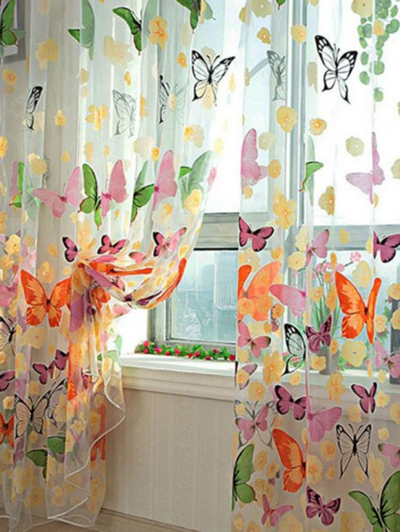 Rideau de Fenêtre Transparent avec Papillon Imprimé - coloré W54 INCH* L95 INCH