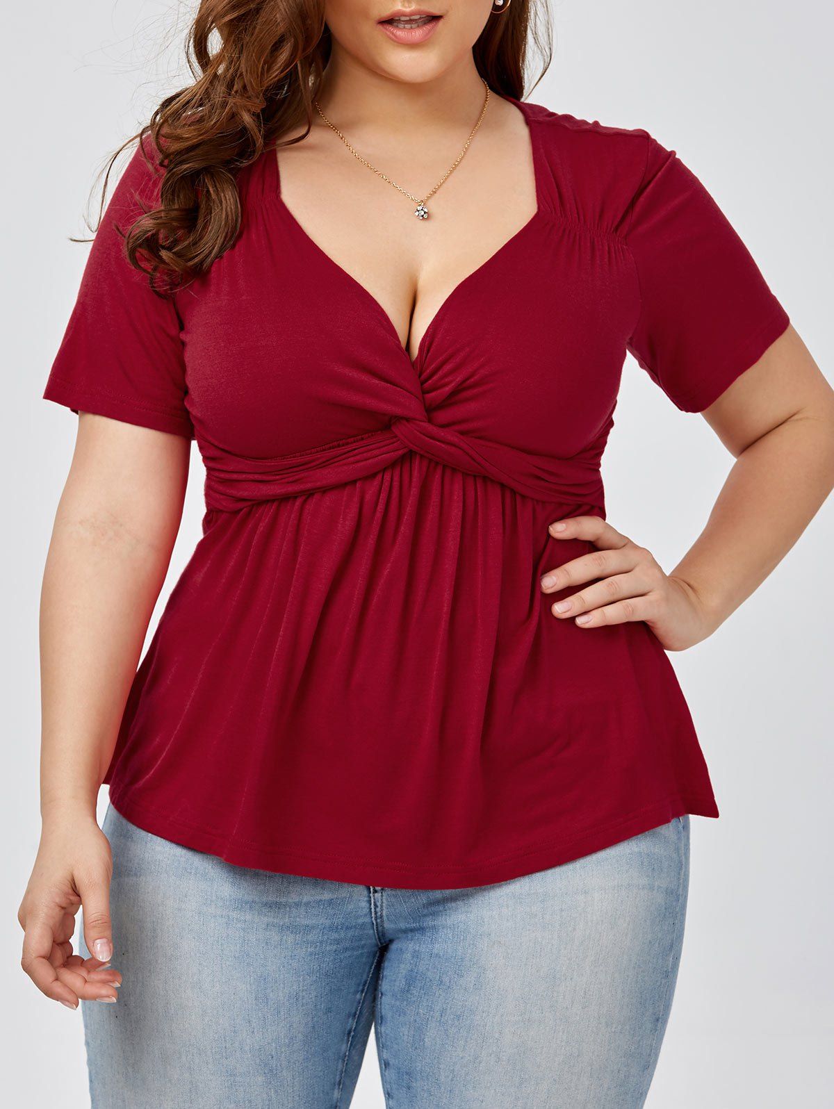 [41% OFF] 2021 Plus Size Knot Front Top In WINE RED | DressLily