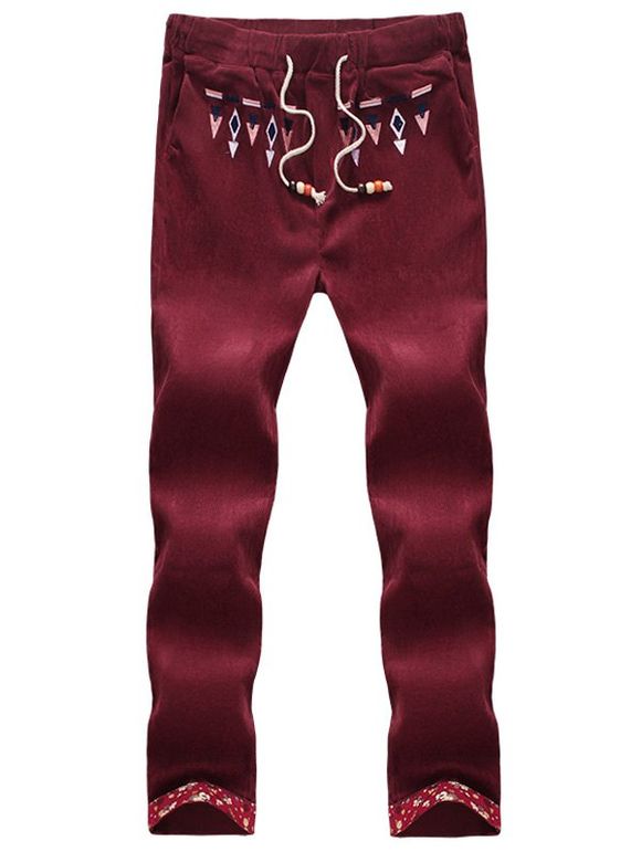 Pantalon Floral Hemming géométrique brodé Corduroy - Rouge vineux XL
