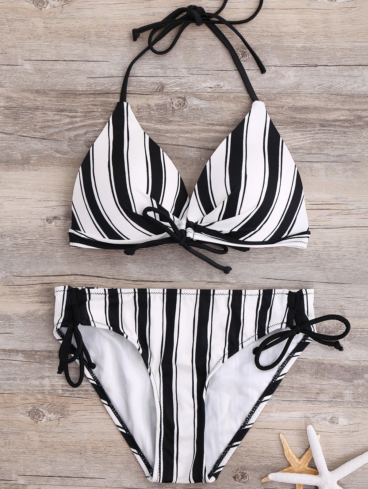 

Halter Tied Stripe Bikini, Black white