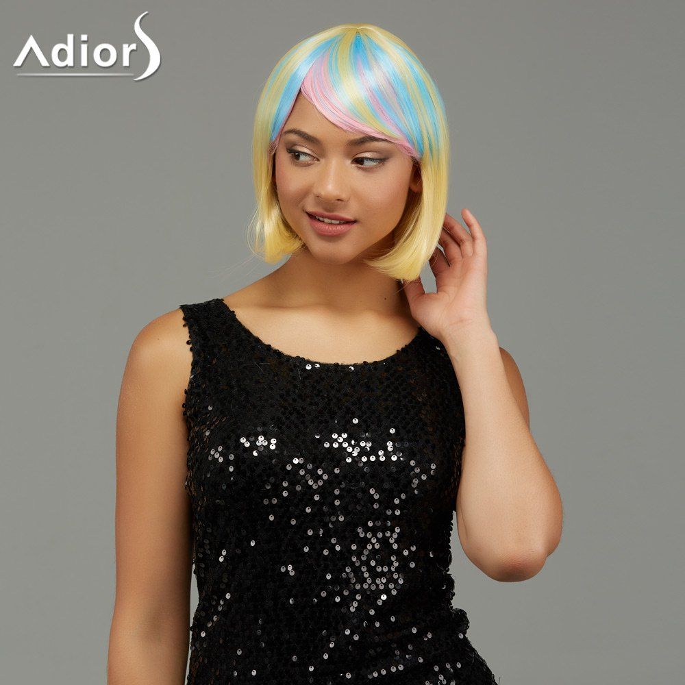 

Adiors Short Rainbow Side Bang Gradient Straight Party Synthetic Wigs, Colormix