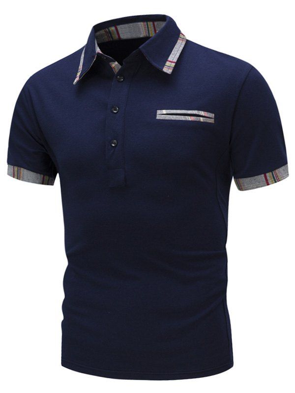 

Short Sleeve Plaid Edging Panel Polo T-Shirt, Cadetblue
