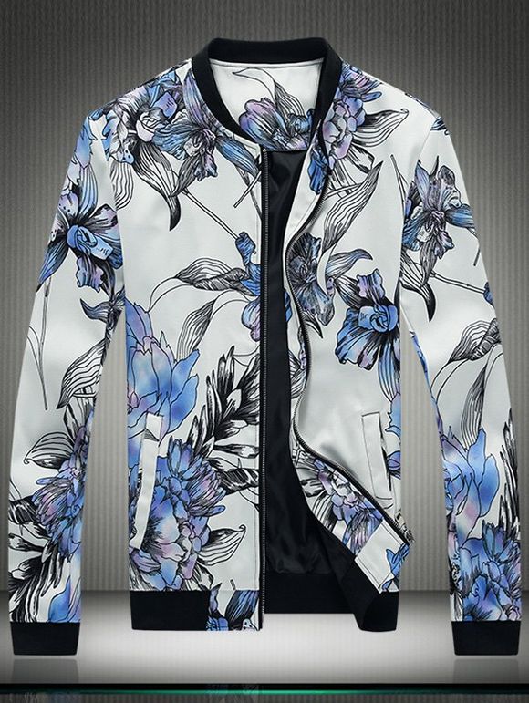 3D Flower Print stand Collar Zip Up Jacket - Blanc XL