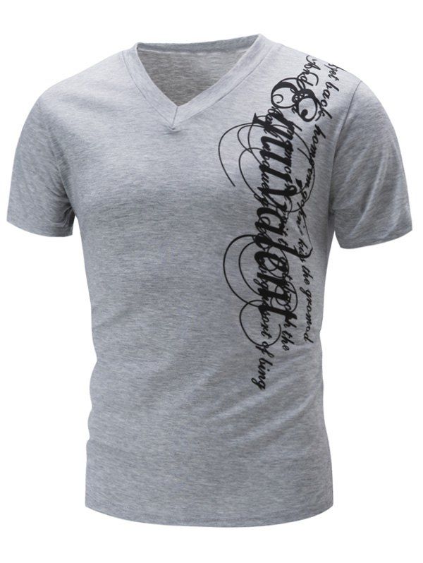 

Graphic Print V Neck Slimming T-Shirt, Light gray