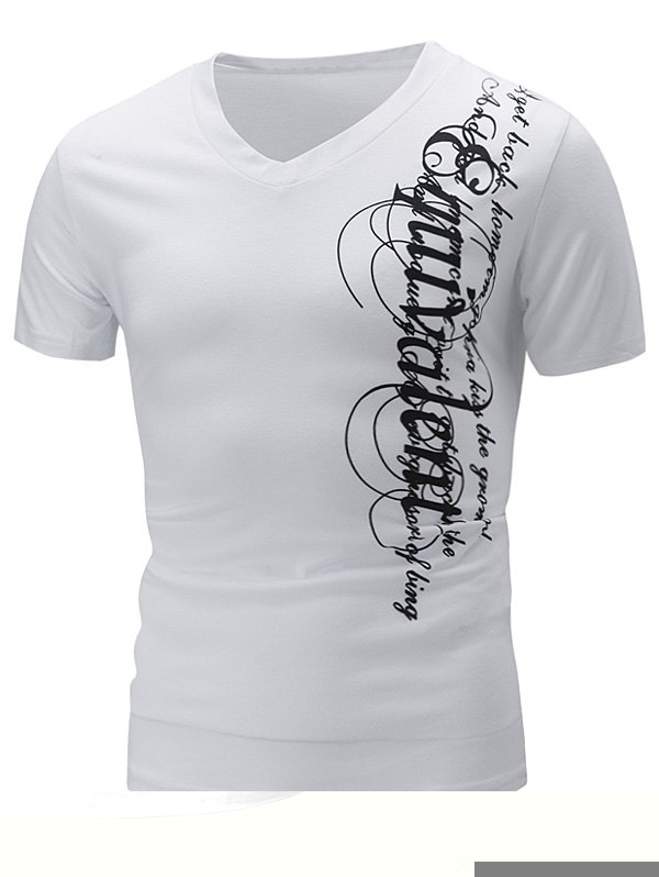 

Graphic Print V Neck Slimming T-Shirt, White