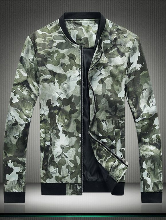 Camouflage 3D Leopard Print Zip Up Jacket - Vert Armée L