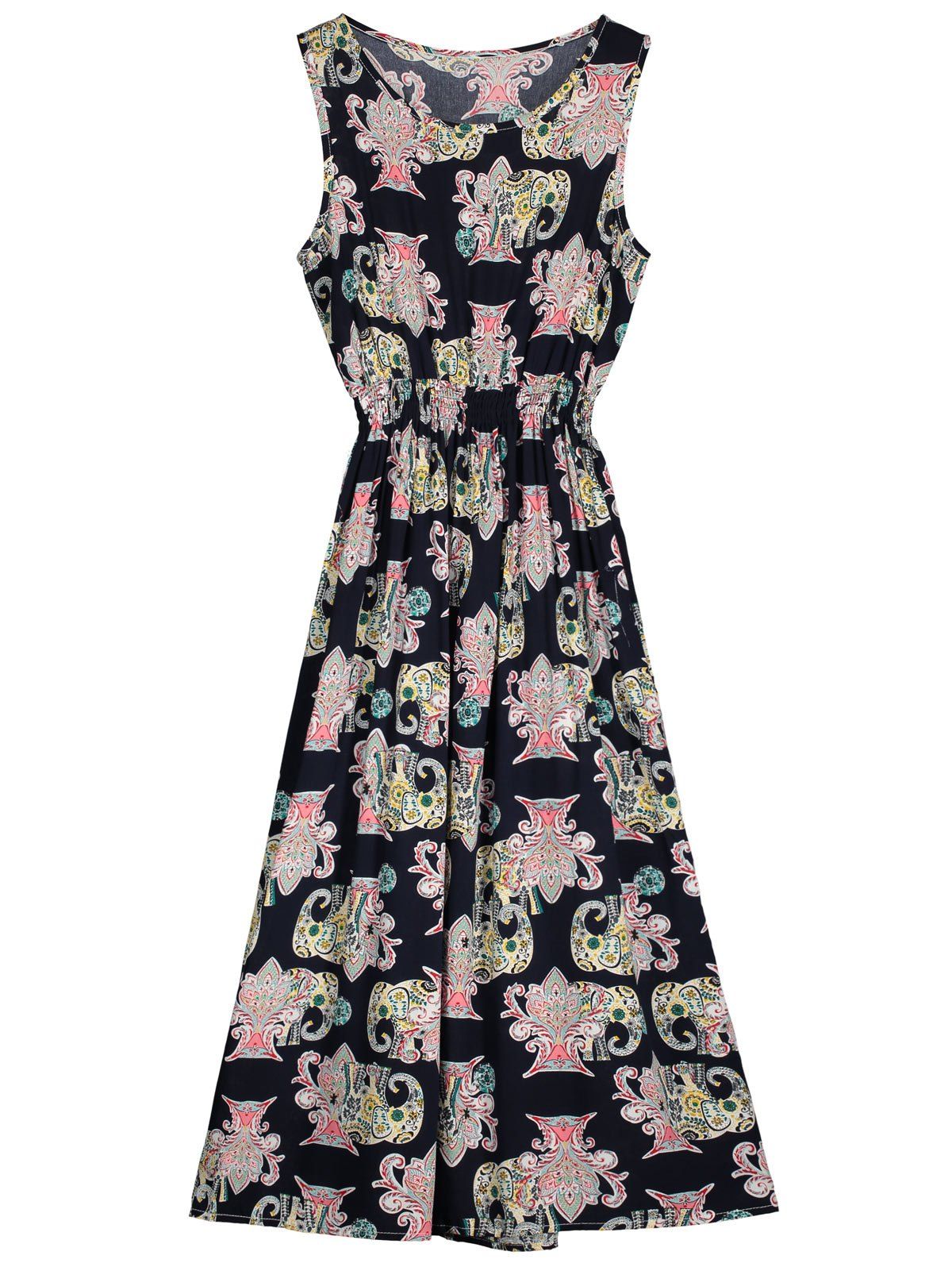 

Round Neck Sleeveless Printed Dress, Black