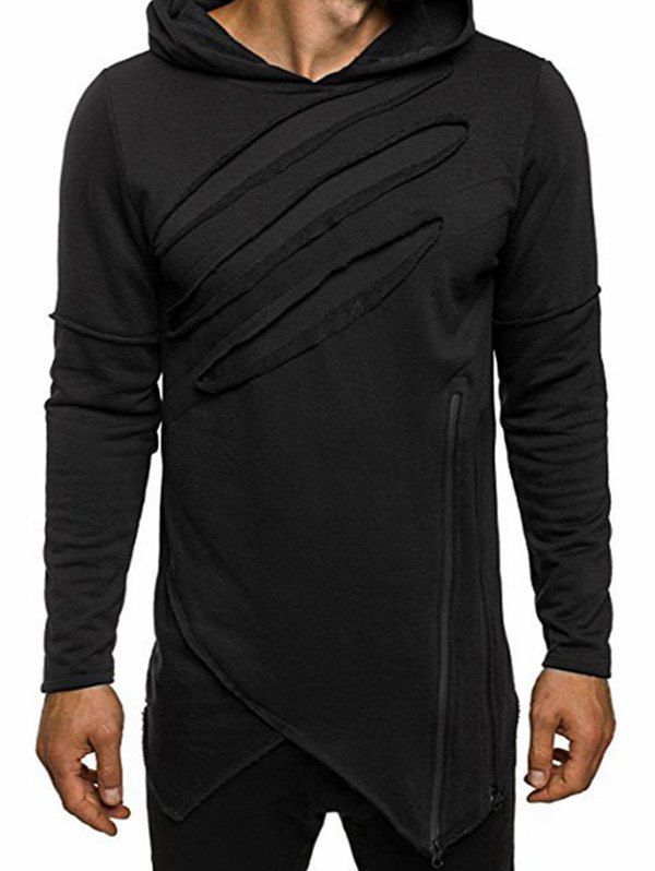 

Zip Embellished Asymmetric Distressed Hoodie, Black