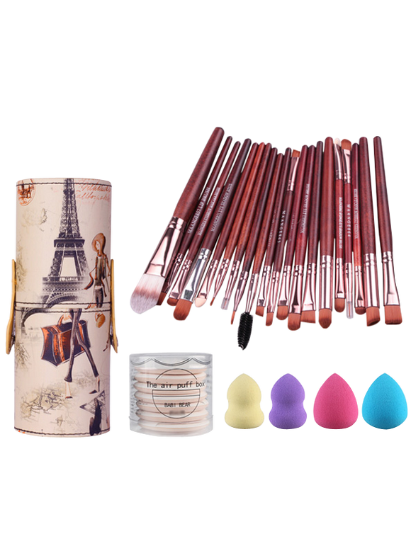 Ensemble de 20 Pinceaux de Maquillage + Porte-Pinceaux + 4 Pièces Beauty Blender + Houppettes pour BB Crème Fond de Teint - Rouge 