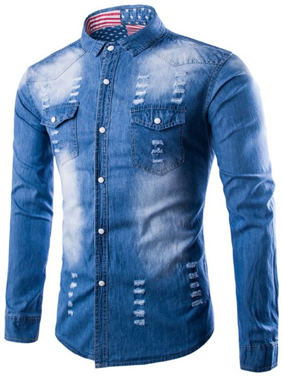 Destroyed Shirt Denim avec poche poitrine - Azuré 3XL