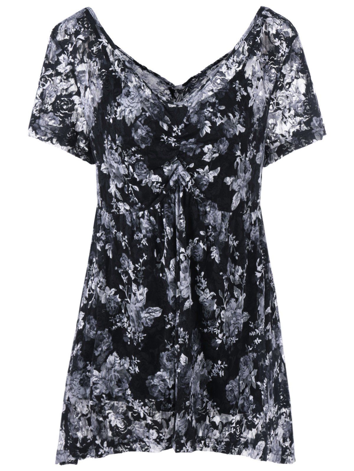 

Plus Size Empire Waist Floral Blouse with Camisole, Black