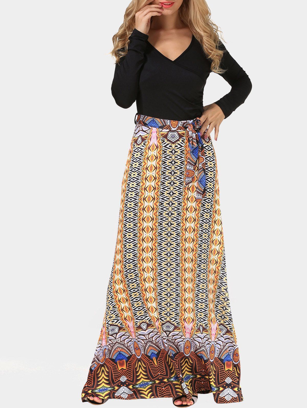 

Printed Maxi Long Sleeve Surplice Dress, Colormix