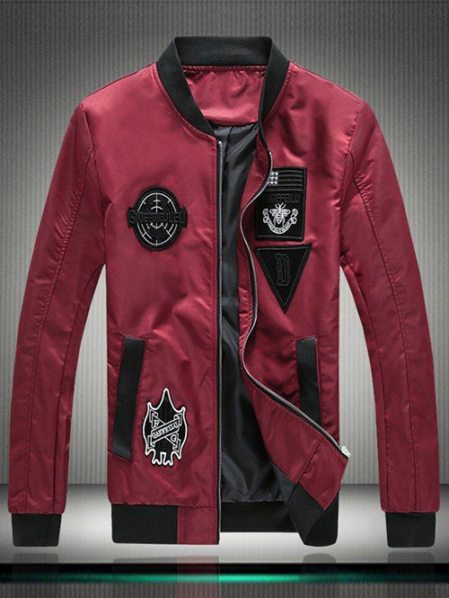 

Embroidered Appliques Stand Collar Zip Up Jacket, Wine red