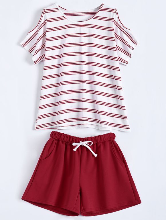 T-shirt Rayé Grande Taille avec Short - Rouge 3XL