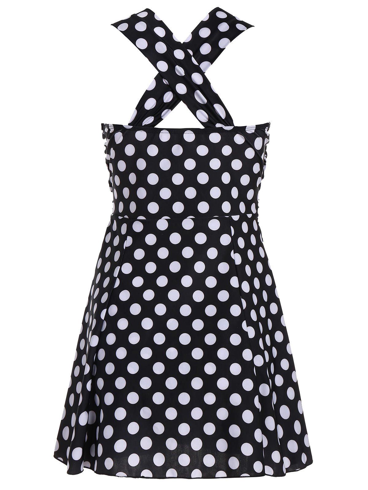 2018 Polka Dot High Waist Plus Size Swimdress BLACK WHITE XL In
