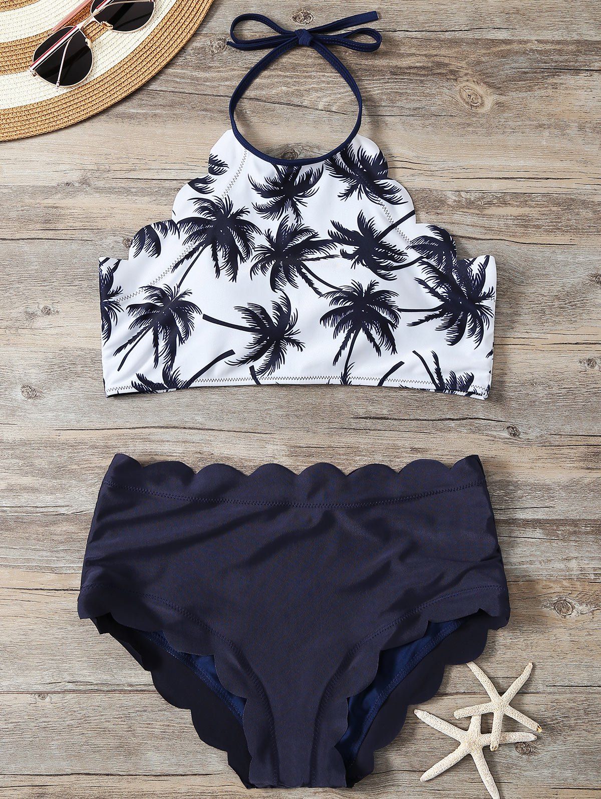 

High Waist Scalloped Tropical Halter Top Bikini, Deep blue and white
